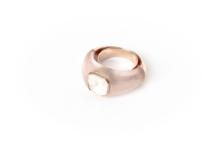 ROSE QUARTZ AND SLICE DIAMOND ROSE GOLD RING